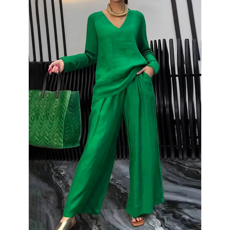 Women's Fine V-Neck Knit Sweater with Flowing Palazzo Pants Mune Fashion