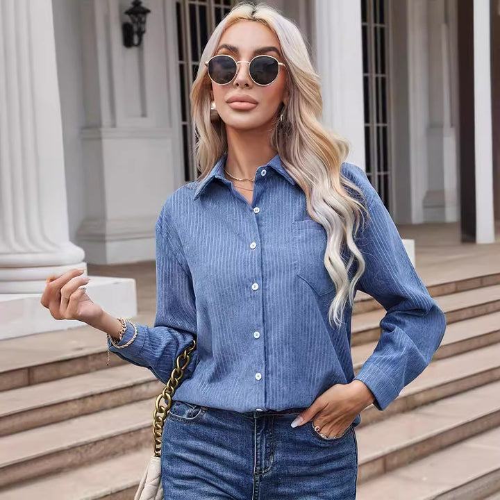 Women's long-sleeve shirt blouse made of cord structure with chest pocket Drune