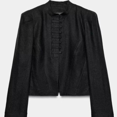 Women Tailored Short Blazer in Mandarin Style with Decorative Knot Yoke Mune Fashion