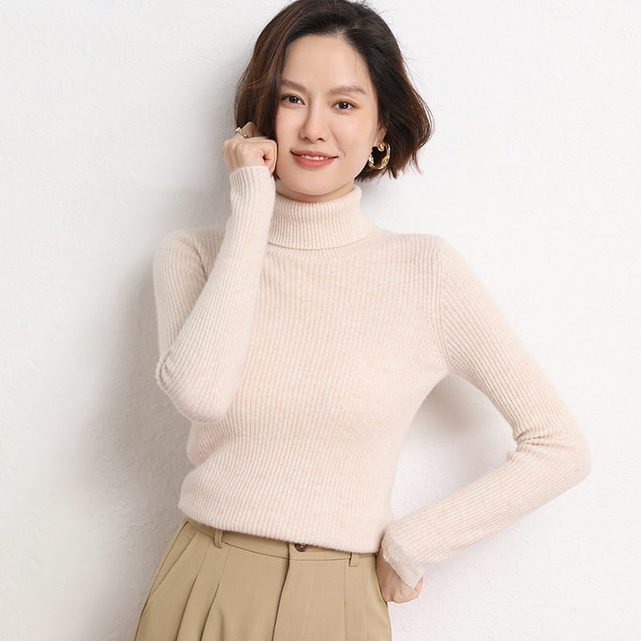 Women's Tailored Fine Knit Turtleneck Sweater with Fine Ribbed Texture and Cashmere Look Mune Fashion