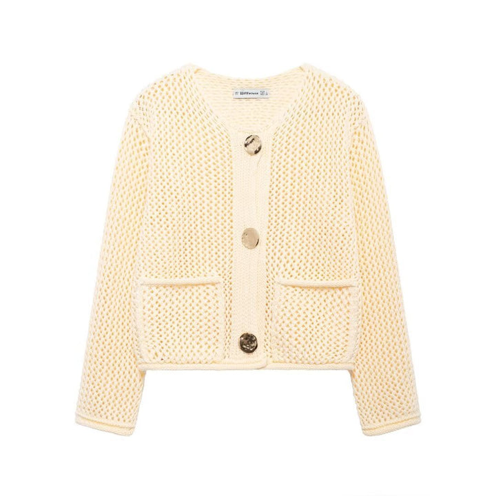 Women's cardigan with open mesh structure, decorative buttons and patch pockets Mune Fashion