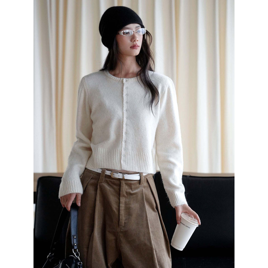 Women Button-Front Short Knit Jacket with Fluffy Texture and Narrow Hem Mune Fashion