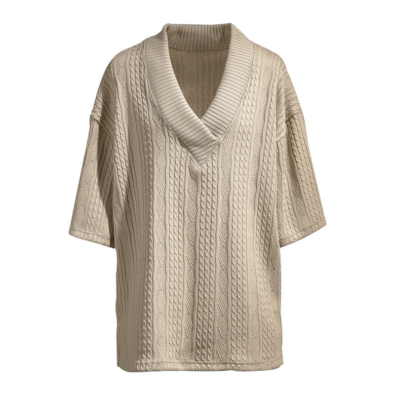 Women's Oversized Short Sleeve Knit Sweater with Deep V-Neck and Cable Knit Pattern Mune Fashion