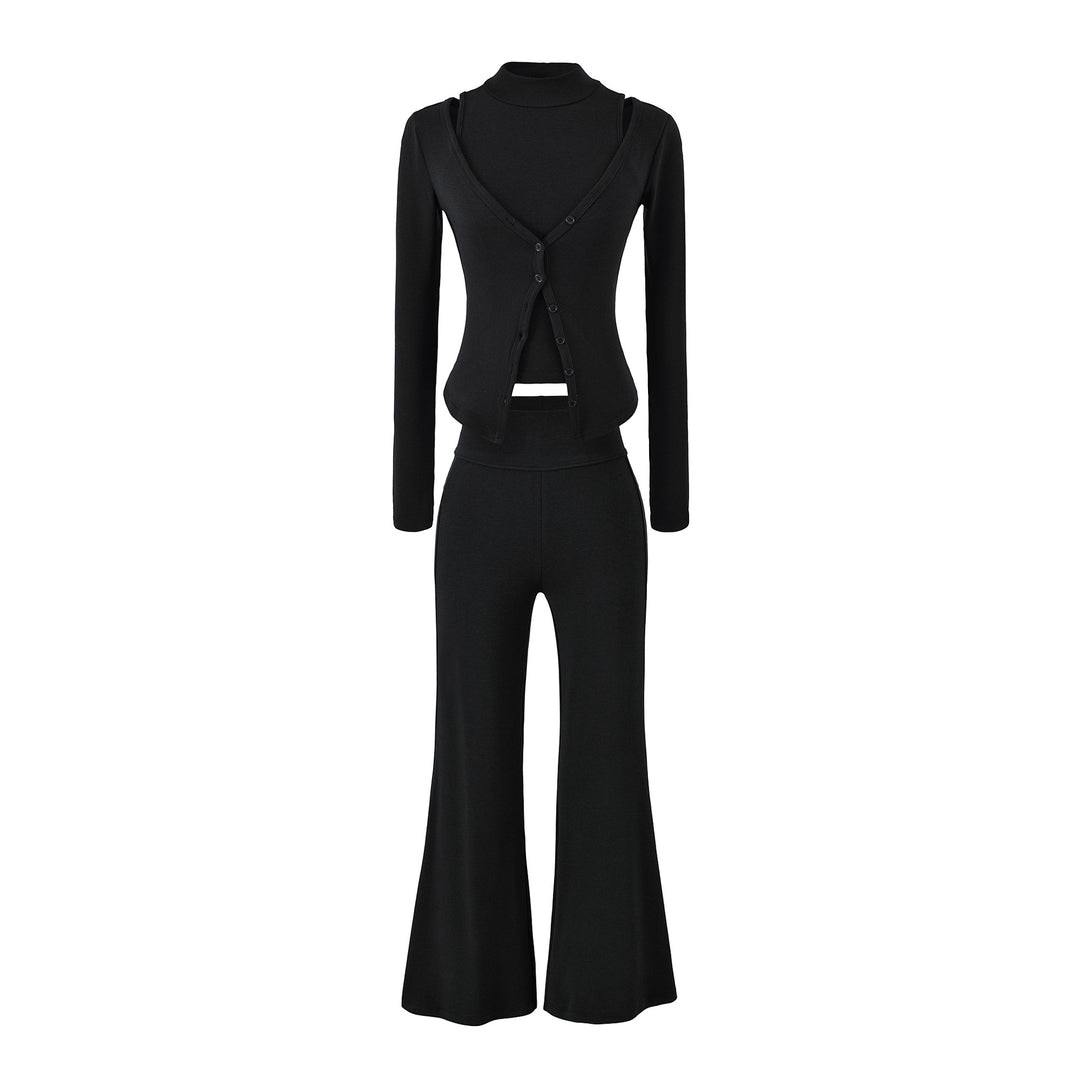 Women Figure-Hugging Layering Set with Turtleneck Long Sleeve and Asymmetrical Button Jacket and Flared High-Waist Pants Mune Fashion