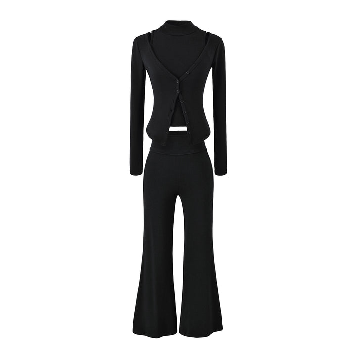 Women Figure-Hugging Layering Set with Turtleneck Long Sleeve and Asymmetrical Button Jacket and Flared High-Waist Pants Mune Fashion
