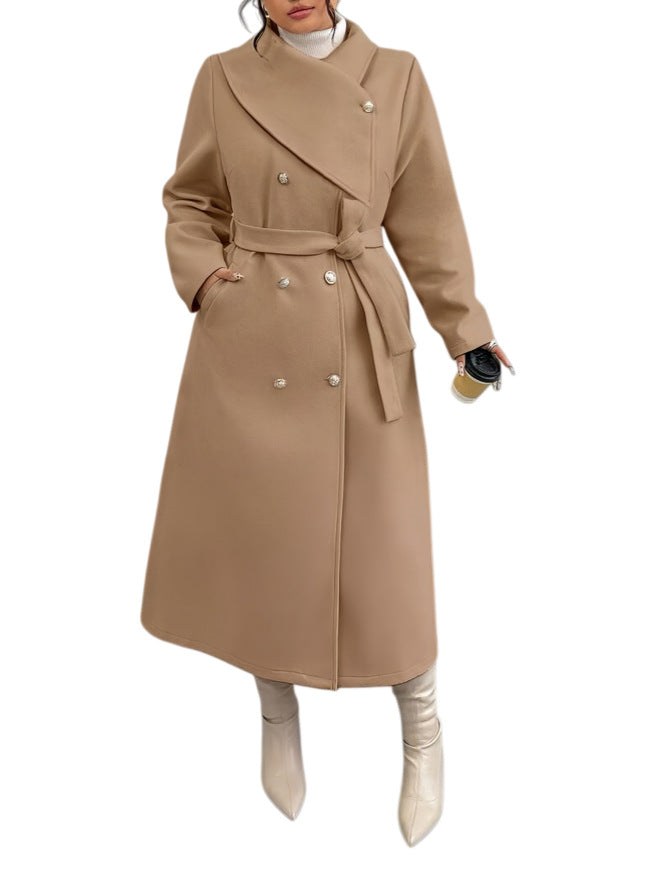 Women's Double-Breasted Wool Blend Coat with Wide Shawl Collar and Tie Belt Mune Fashion