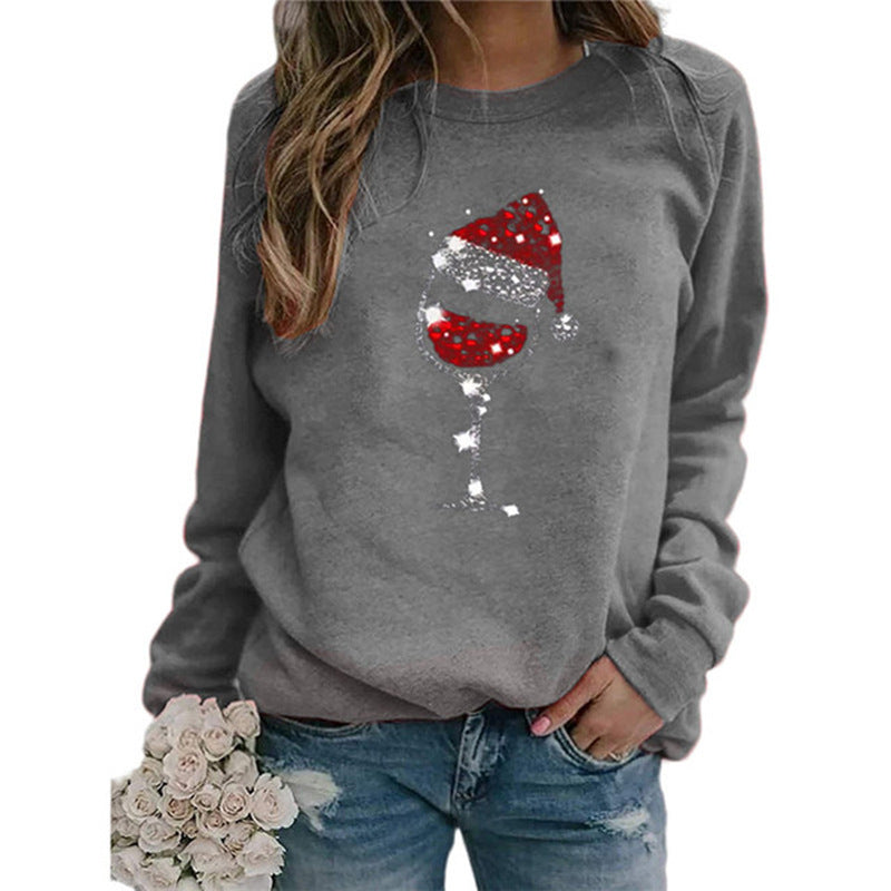 Women's Christmas Sweatshirt with Sequin Wine Glass and Round Neckline Mune Fashion
