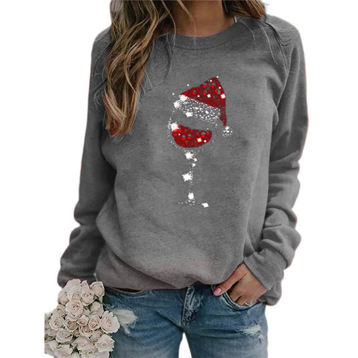 Women's Christmas Sweatshirt with Sequin Wine Glass and Round Neckline Mune Fashion