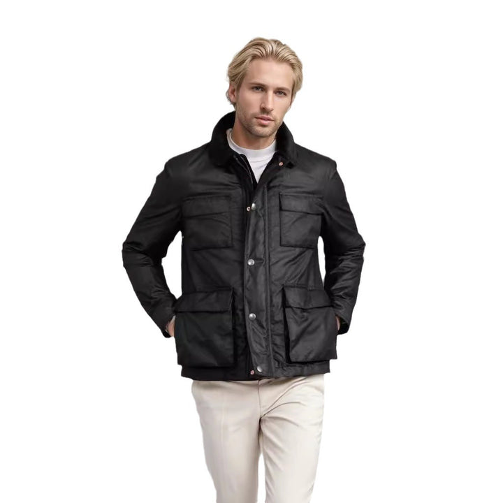 Men's wax jacket in field style with corduroy collar and multiple pockets Mune Fashion