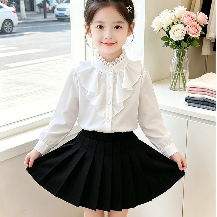Girls elegant ruffle blouse with collar and matching pleated skirt Mune Fashion
