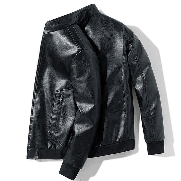 Men's Faux Leather Bomber Jacket with Ribbed Cuffs and Concealed Zipper Pockets Mune Fashion