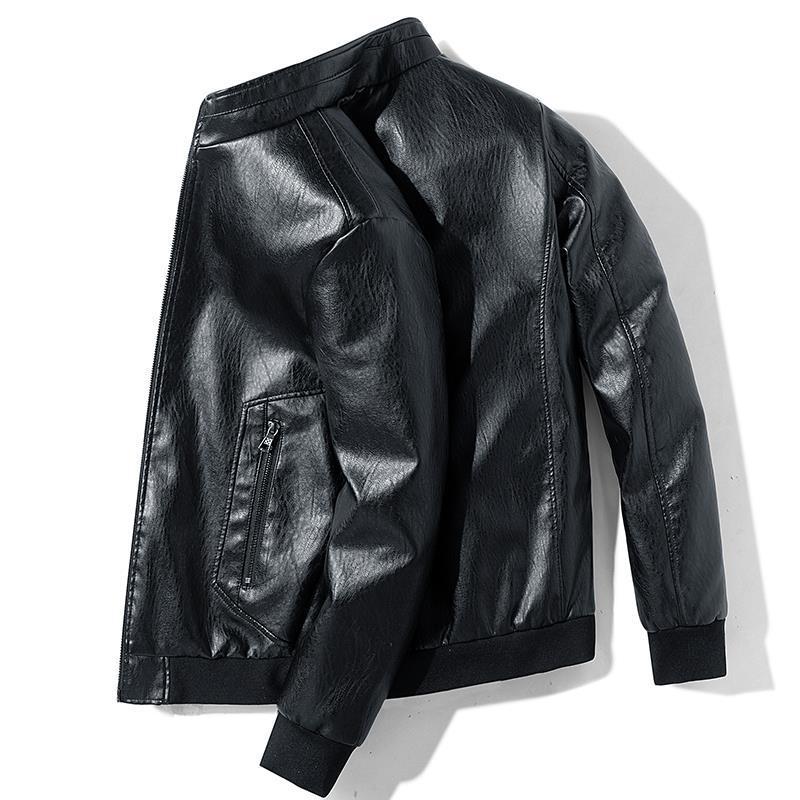Men's Faux Leather Bomber Jacket with Ribbed Cuffs and Concealed Zipper Pockets Mune Fashion