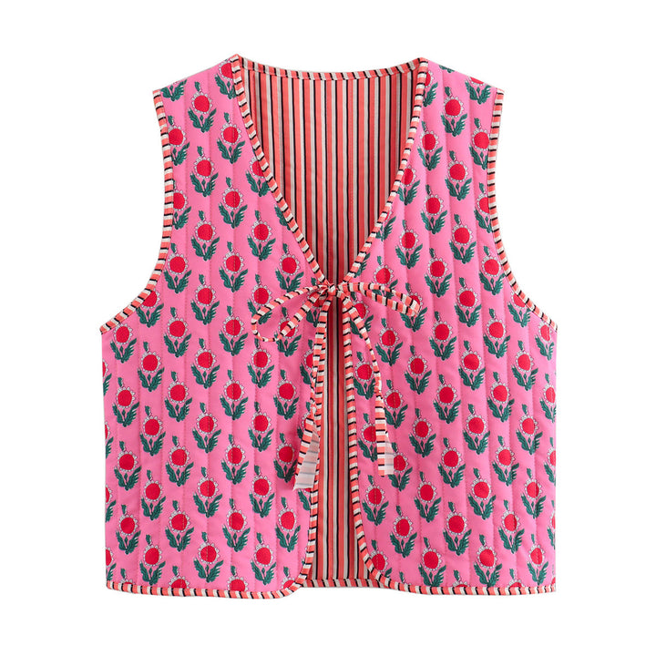 Women Patchwork Vest with Tie Band and V-Neck Mune Fashion