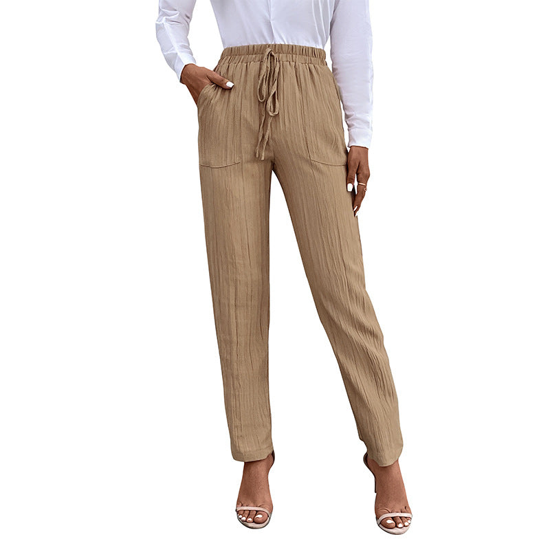 Women's Lightweight Crinkle Pants with High Elastic Waistband, Drawstring and Patch Pockets