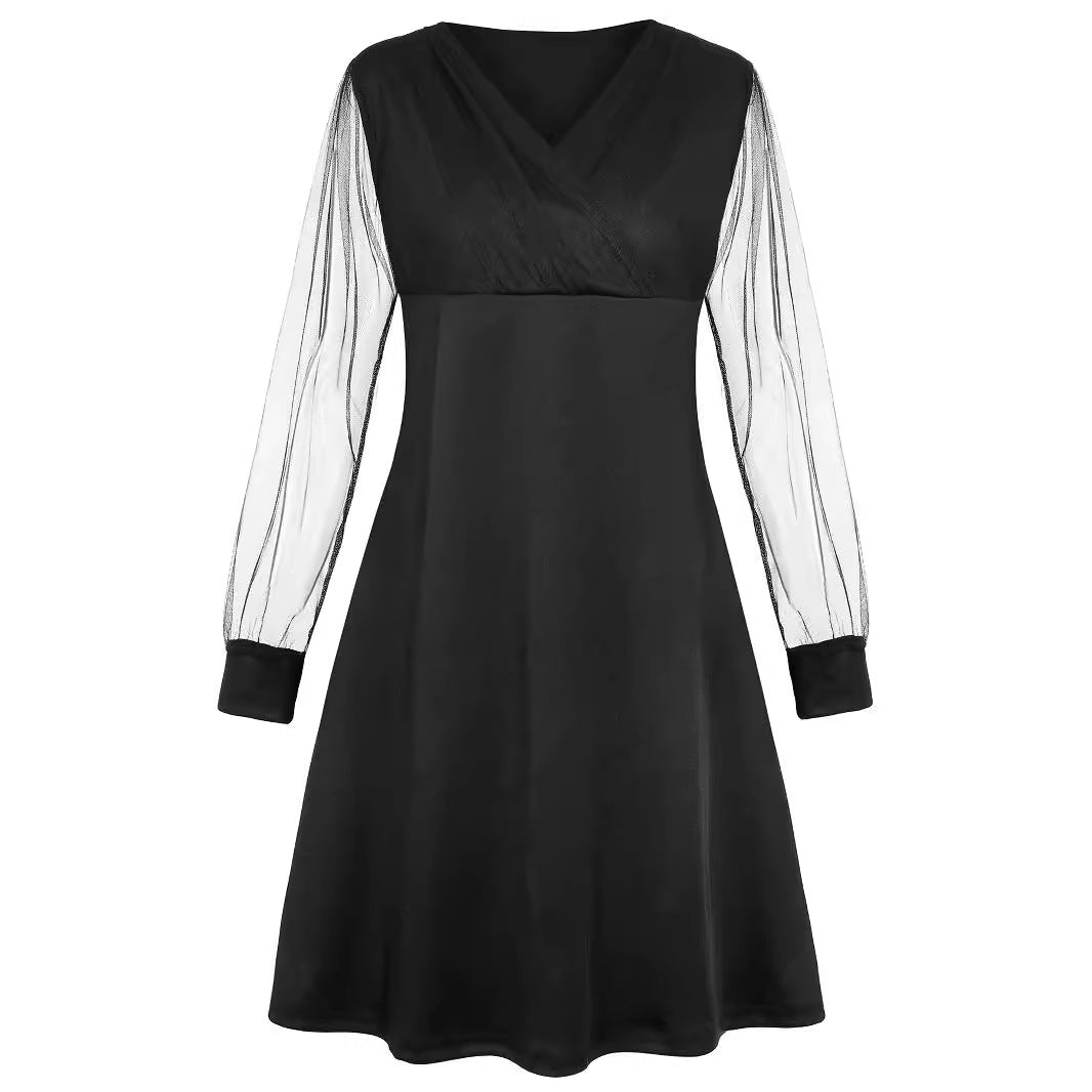 Ladies nan elegant tailored A-line dress with transparent mesh sleeves Mune Fashion