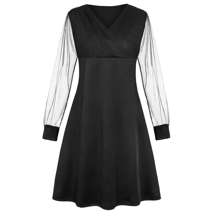 Ladies nan elegant tailored A-line dress with transparent mesh sleeves Mune Fashion