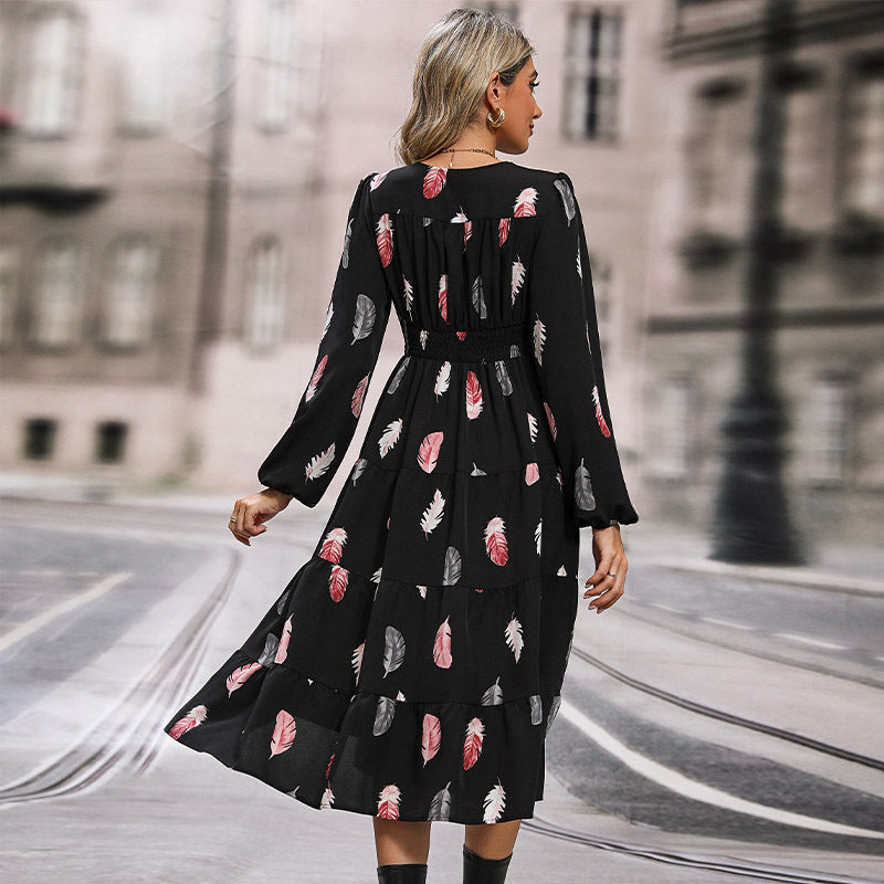 Women Long Sleeve Dress with Feather Print Mune Fashion