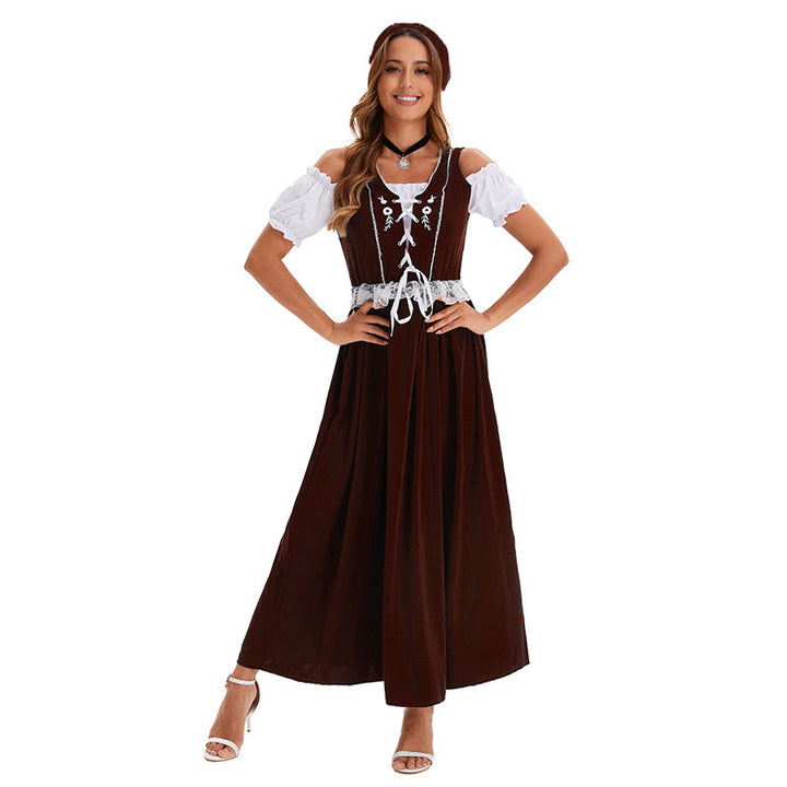 Ladies long traditional dress in dirndl style with corset lacing and lace waistband Mune Fashion