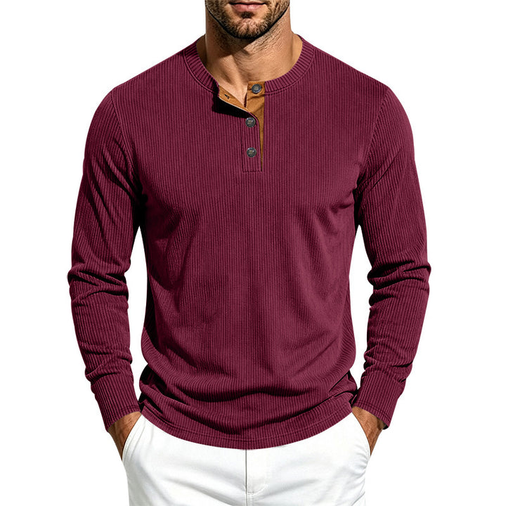 Men's Long Sleeve Ribbed Knit Henley Shirt with Button Placket and Round Neck Collar Mune Fashion