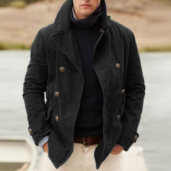 Men's Double-breasted Cotton Peacoat with Navy Buttons and Stand Collar Mune Fashion