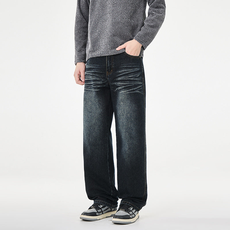 Men's Loose Vintage Denim Jeans with Wrinkle Effect and Low Rise Mune Fashion