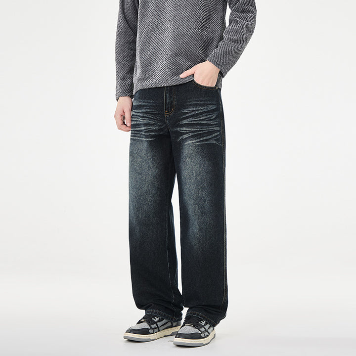 Men's Loose Vintage Denim Jeans with Wrinkle Effect and Low Rise Mune Fashion