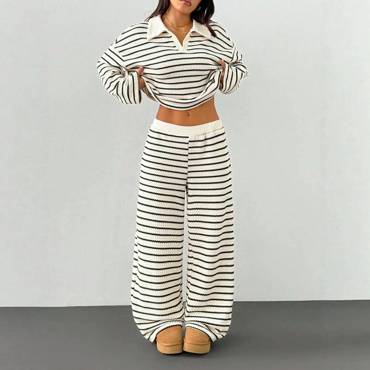 Women's Knitted Loungewear Set with Polo V Neck, Bell Sleeves, and Wide High-Cut Trouser Leg Mune Fashion