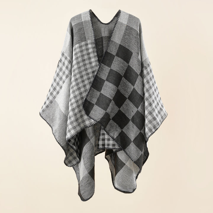 Women's oversized cape in plaid mix made of wool blend with crochet trim Mune Fashion