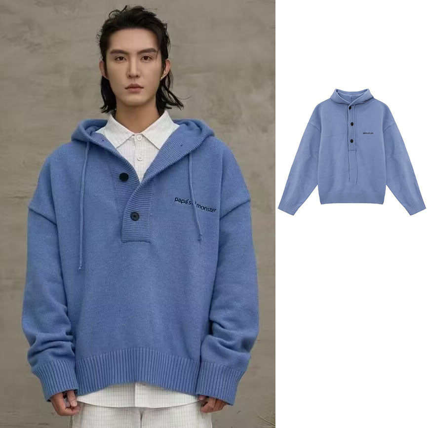 Men's Oversized Knit Sweater with Hood and Button Placket Mune Fashion