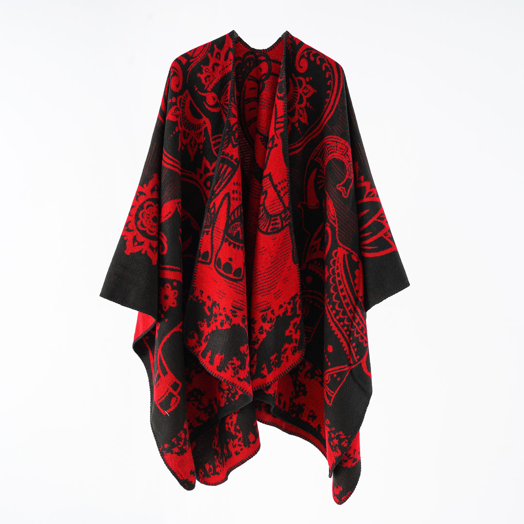 Women's jacquard throw poncho with double-sided woven texture and decorative stitch edge Mune Fashion