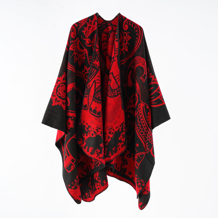 Women's jacquard throw poncho with double-sided woven texture and decorative stitch edge Mune Fashion