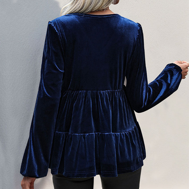 Women's velvet tunic with V-neck, tiered skirt look and balloon sleeves Mune Fashion
