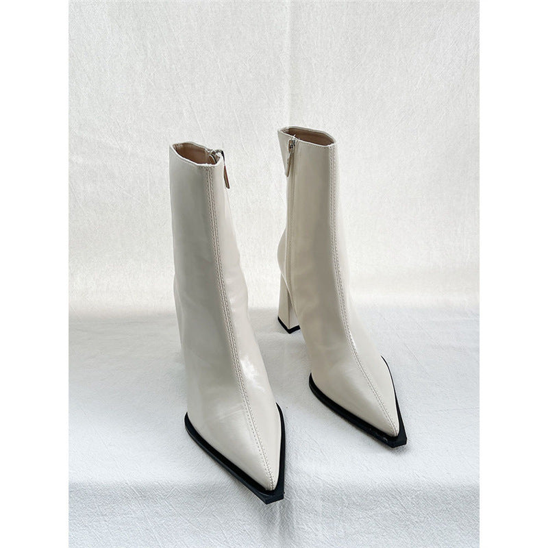 Women's Elegant Pointed Ankle Boots with Geometric Block Heel and Slim Shaft Cut Mune Fashion
