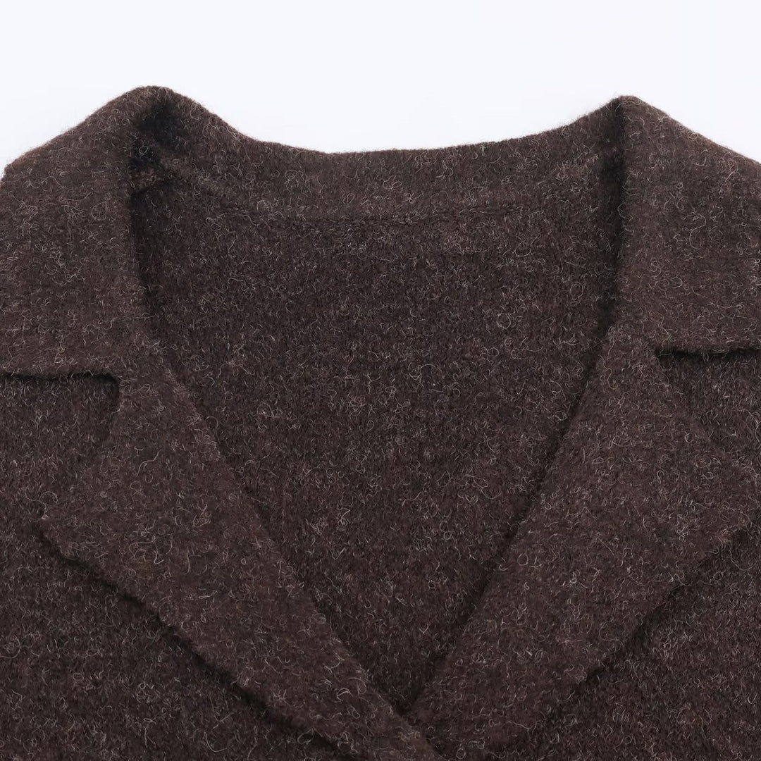 Women's short tailored wool look jacket with lapel collar and decorative floral buttons Mune Fashion