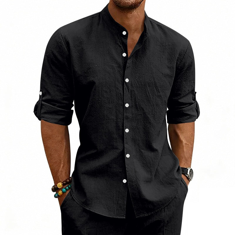 Men's Modern Linen Blend Shirt with Stand Collar, Roll-up Sleeves and Narrow Placket Mune Fashion