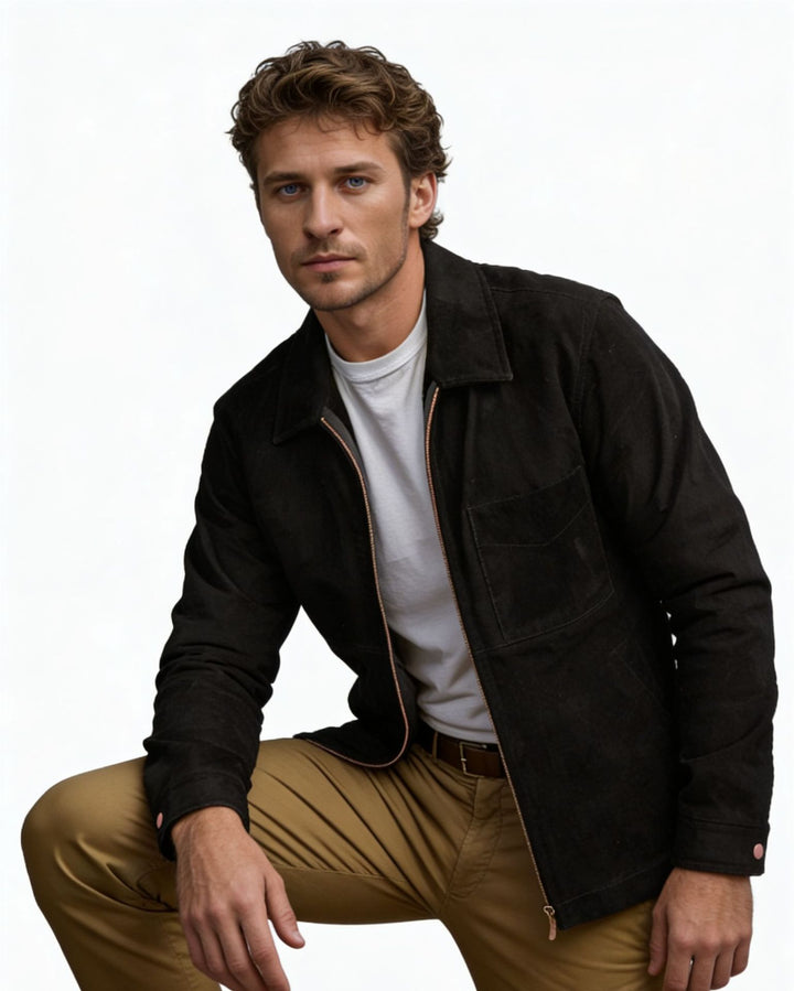 Men's suede jacket with zipper and shirt collar Mune Fashion