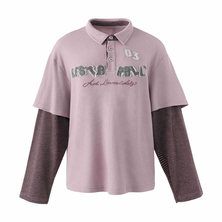 Women's Casual Layered Polo Shirt with Ribbed Texture and Striped Insert Sleeves Mune Fashion