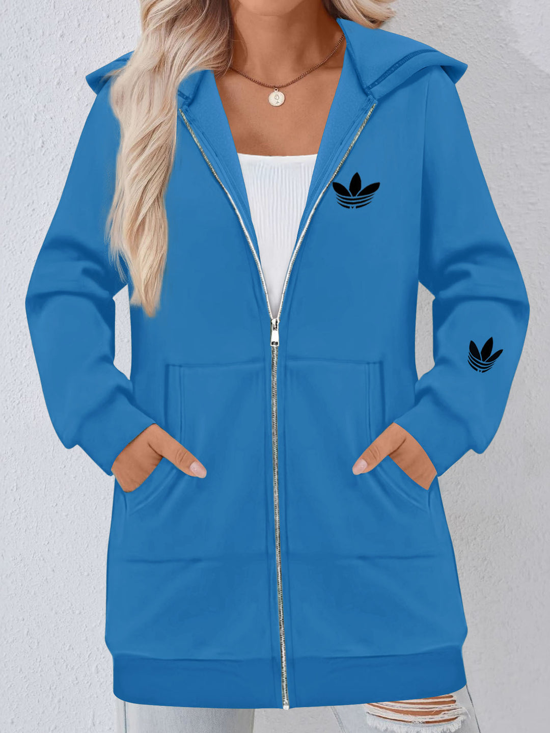 Women's Long Hooded Sweat Jacket with Metal Zipper, Kangaroo Pockets and Figure-Flattering Silhouette Drune