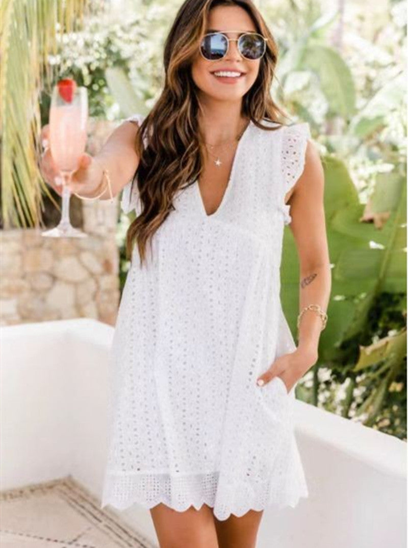 Women's Broderie-Anglaise Mini Dress with V-Neck, Ruffled Sleeves, and Insert Pockets Mune Fashion