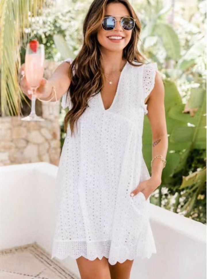Women's Broderie-Anglaise Mini Dress with V-Neck, Ruffled Sleeves, and Insert Pockets Mune Fashion