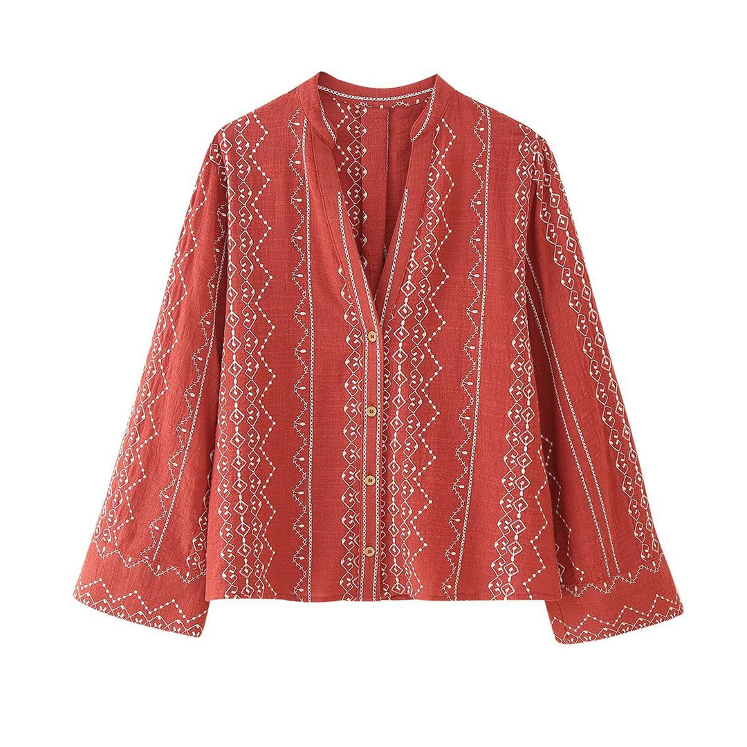 Women embroidered blouse jacket with V-neckline and loose A-line silhouette Mune Fashion