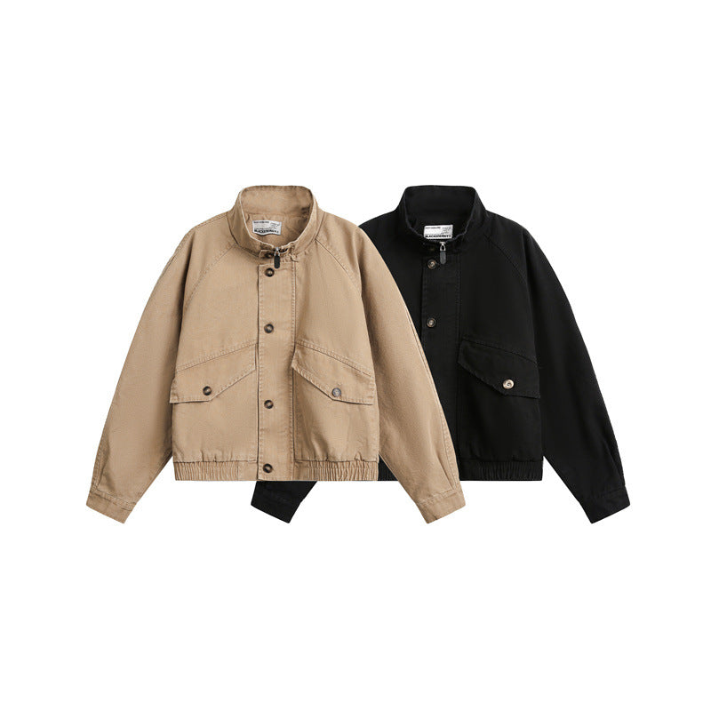 Unisex Short Cut Boxy Canvas Blouson Jacket with Funnel Collar, Patch Flap Pockets and Elastic Hem Mune Fashion
