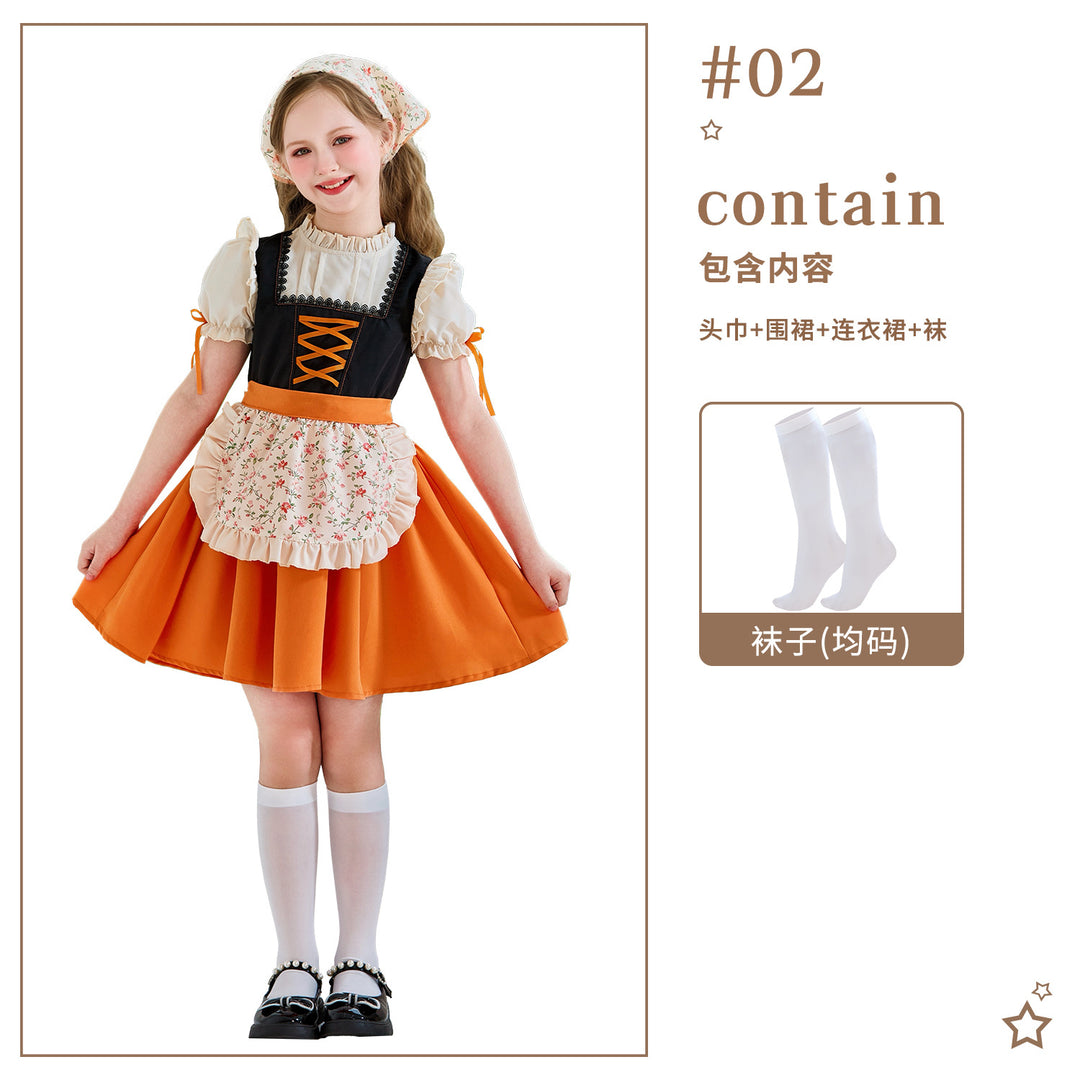 Women's traditional children's dirndl with lacing, ruffled apron, and headscarf Mune Fashion