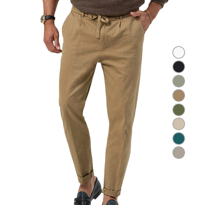 Men's Tapered Linen-Cotton Pants with Elastic Waistband, Drawstring and Cuffs Mune Fashion