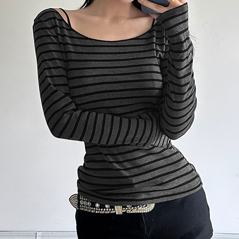 Women's off-shoulder striped long-sleeve shirt with wide bateau neckline and figure-hugging waistline Mune Fashion