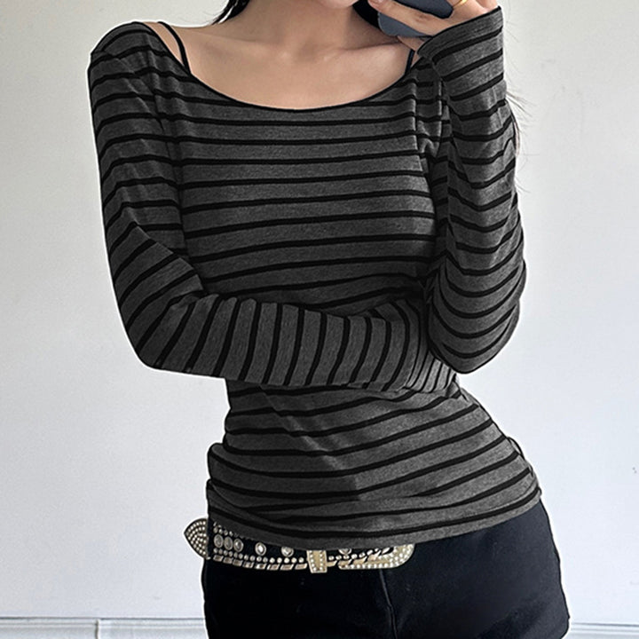 Women's off-shoulder striped long-sleeve shirt with wide bateau neckline and figure-hugging waistline Mune Fashion