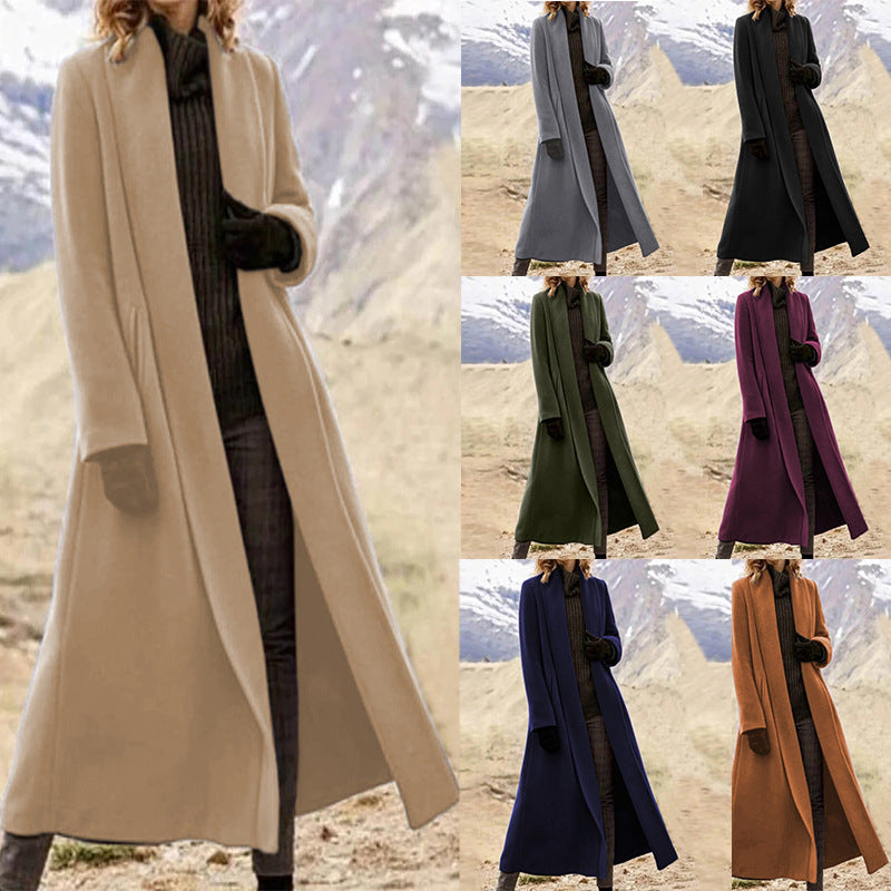 Women elegant long wool blend coat with open fall and side pockets Mune Fashion