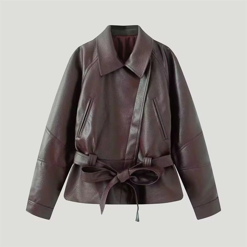 Women nan tailored faux leather jacket with shirt collar and tie belt Mune Fashion