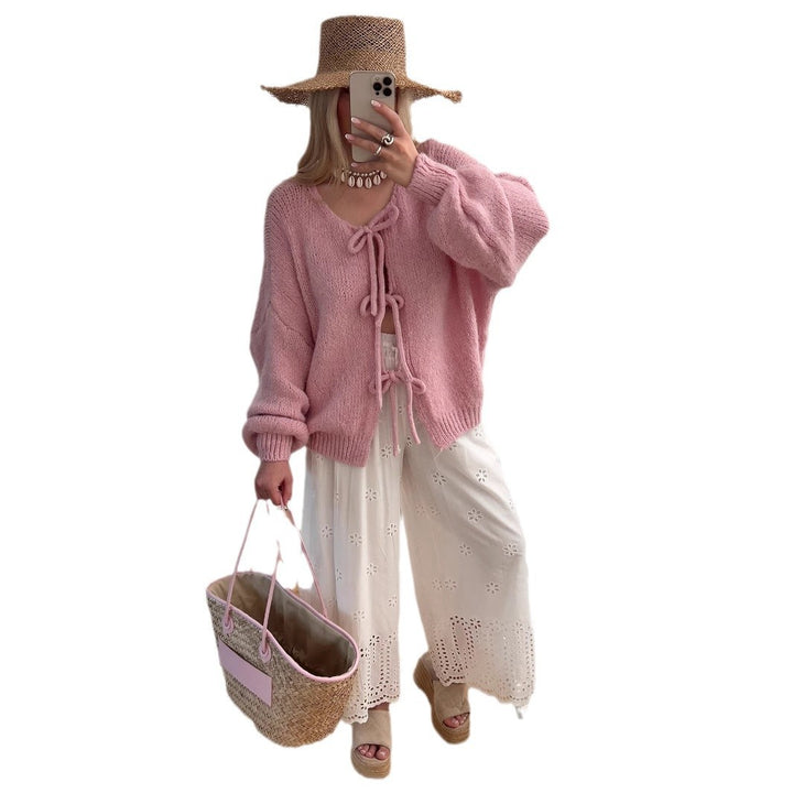 Women's Chunky Knit Open Cardigan with Ties, Oversized Silhouette and Raglan Sleeves Mune Fashion