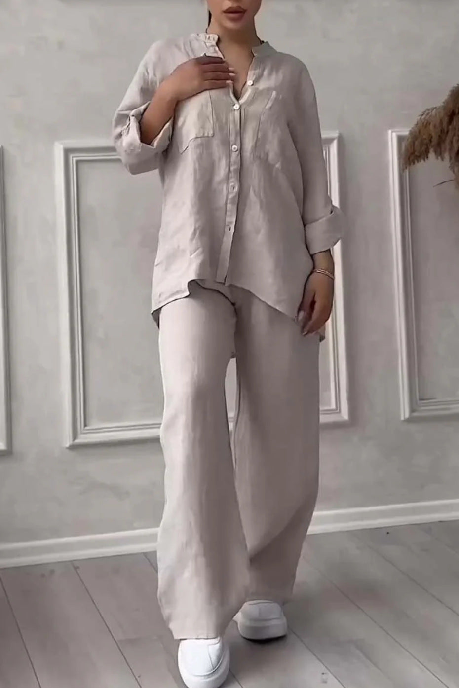 Women's casual linen two-piece set with loose shirt blouse, patch breast pockets, and elastic drawstring waistband Mune Fashion